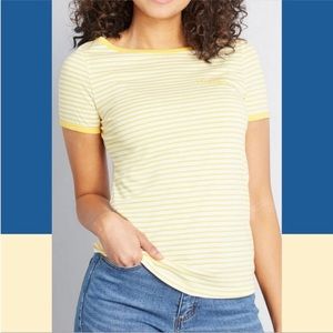 ModCloth Striped Vintage Boat Neck Hello Sunshine Yellow Shirt Tee Top Small